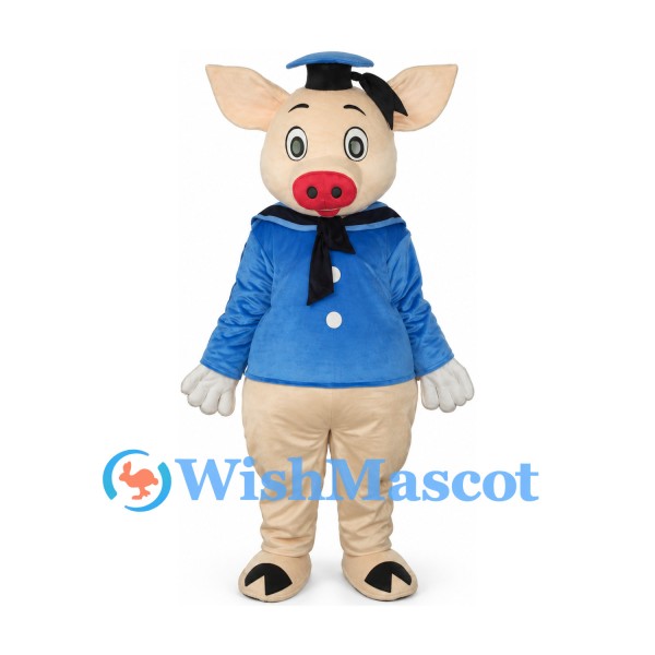 Pig Sailor Mascot Costume with Blue Shirt and Cap