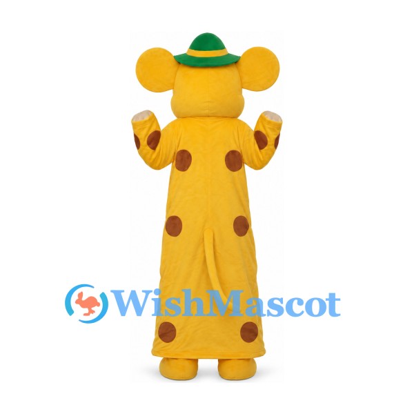 Mouse Mascot Costume with Yellow Spotted Dress and Green Hat