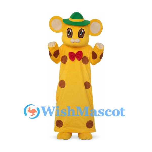 Mouse Mascot Costume with Yellow Spotted Dress and Green Hat