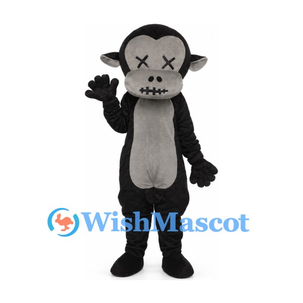 Skeleton Monkey Mascot Costume in Black with Gray Skull Face