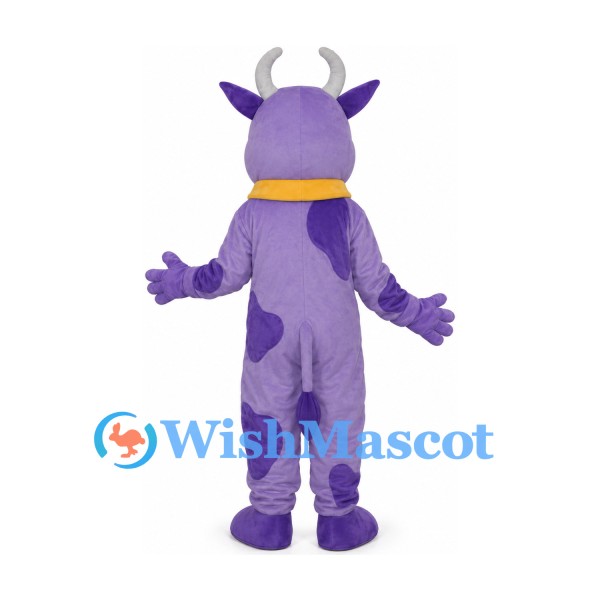 Cow Mascot Costume in Purple with Dark Spots and Yellow Collar