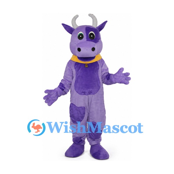 Cow Mascot Costume in Purple with Dark Spots and Yellow Collar