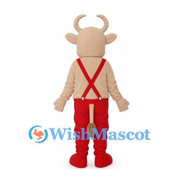 Bull Mascot Costume in Tan with Red Suspender Pants