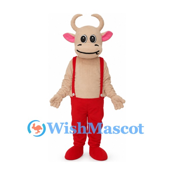 Bull Mascot Costume in Tan with Red Suspender Pants