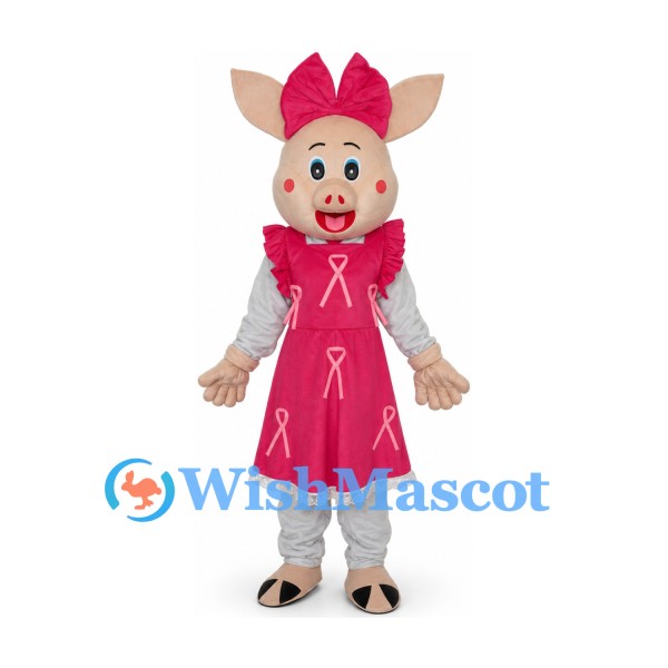 Pig Mascot Costume with Pink Ribbon Print Dress
