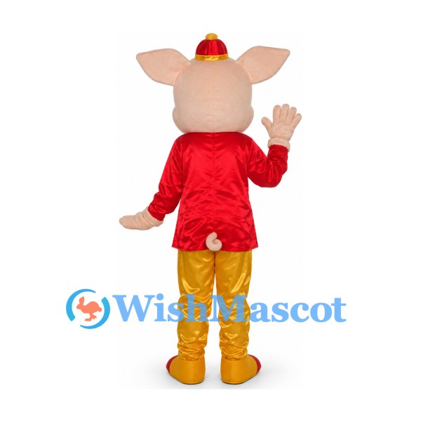 Pig Mascot Costume with Red Tunic and Gold Pants
