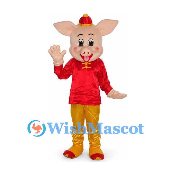Pig Mascot Costume with Red Tunic and Gold Pants