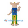 Pig Mascot Costume with Blue Floral Vest and Striped Pants