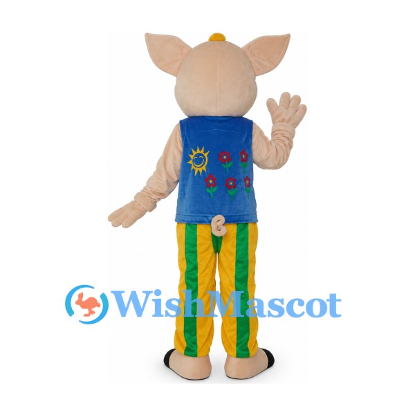 Pig Mascot Costume with Blue Floral Vest and Striped Pants