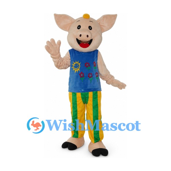 Pig Mascot Costume with Blue Floral Vest and Striped Pants