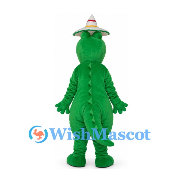 Crocodile Mascot Costume with White Hat and Yellow Belly