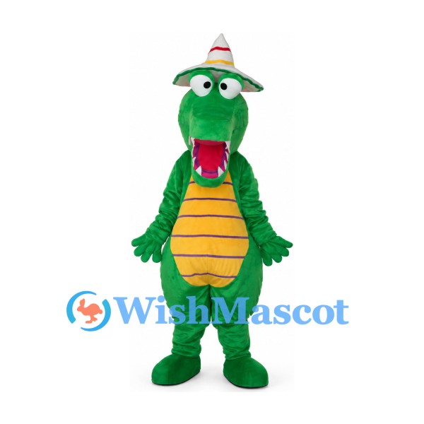 Crocodile Mascot Costume with White Hat and Yellow Belly