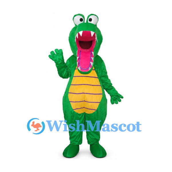 Crocodile Mascot Costume in Green with Yellow Belly and Pink Mouth