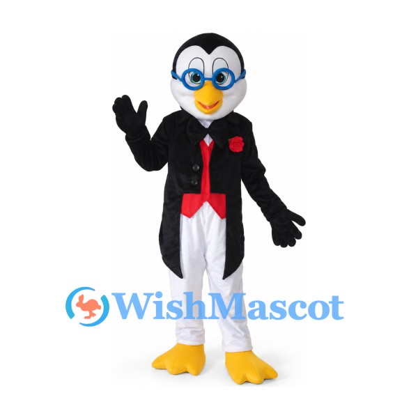 Penguin Mascot Costume with Glasses and Black Tuxedo