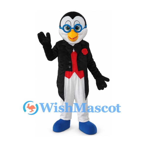 Penguin Mascot Costume with Black Tailcoat and Blue Glasses