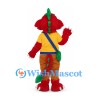 Dragon Mascot Costume in Red with Yellow Shirt and Green Shoulder Bag