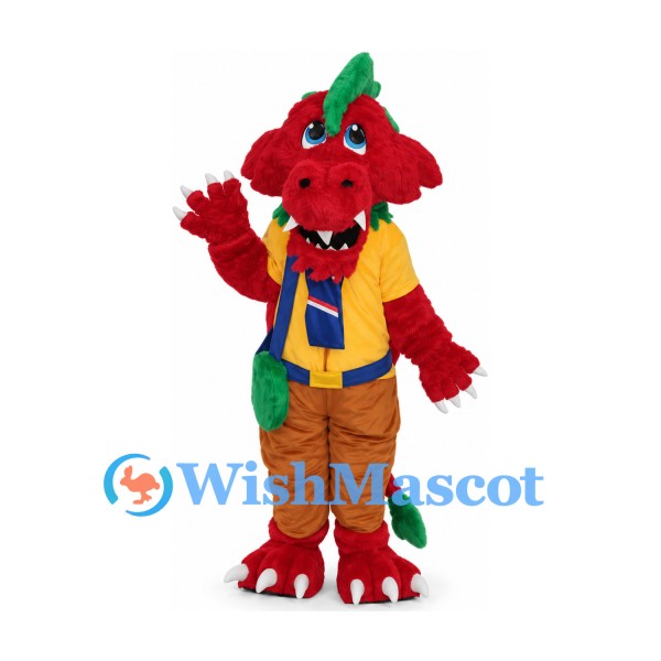 Dragon Mascot Costume in Red with Yellow Shirt and Green Shoulder Bag