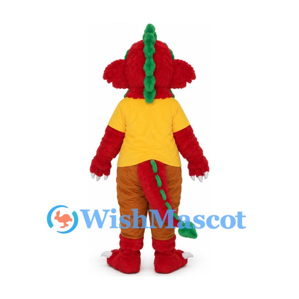 Dragon Mascot Costume in Red with Yellow Shirt and Brown Pants