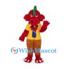 Dragon Mascot Costume in Red with Yellow Shirt and Brown Pants