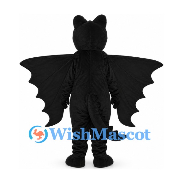 Dragon Mascot Costume in Black with Broad Wings and White Teeth