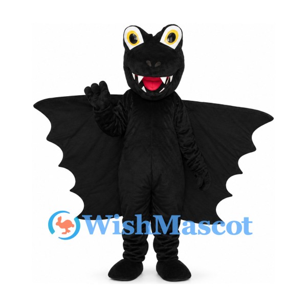 Dragon Mascot Costume in Black with Broad Wings and White Teeth