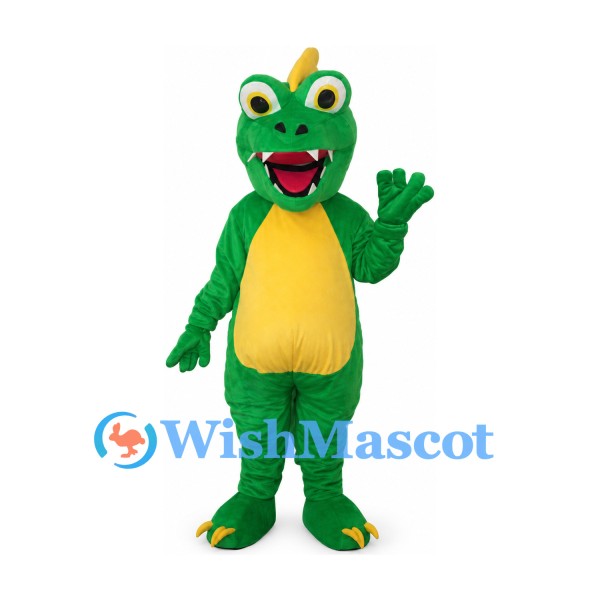 Dragon Mascot Costume in Green with Yellow Belly and Head Horn