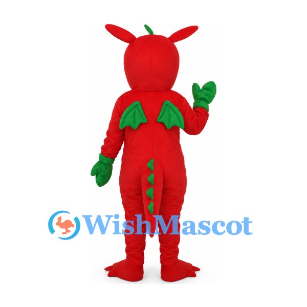Dragon Mascot Costume in Red with Green Hands and Back Spines
