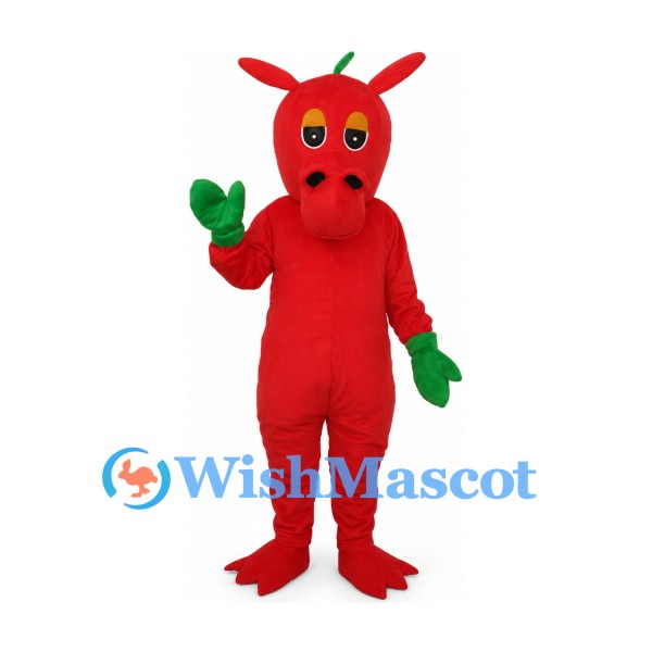 Dragon Mascot Costume in Red with Green Hands and Back Spines