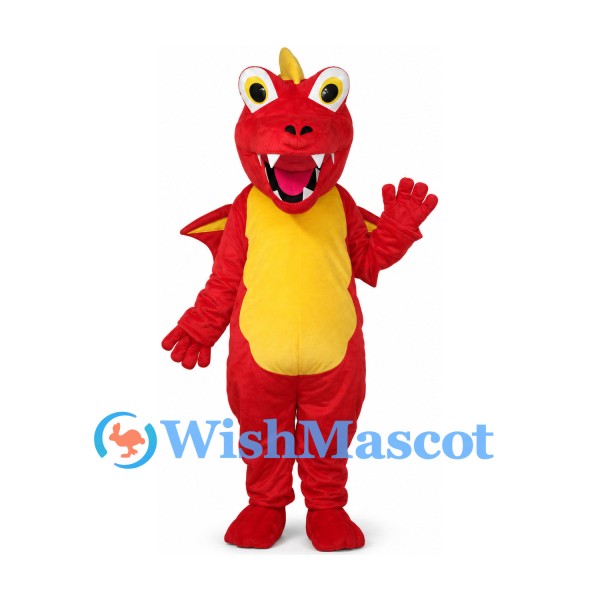Dragon Mascot Costume in Red with Yellow Belly and Wings