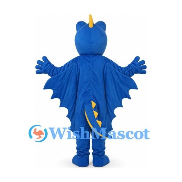 Dragon Mascot Costume in Blue with Large Wings and Yellow Belly