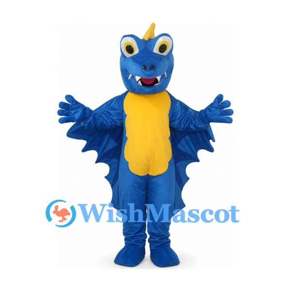 Dragon Mascot Costume in Blue with Large Wings and Yellow Belly
