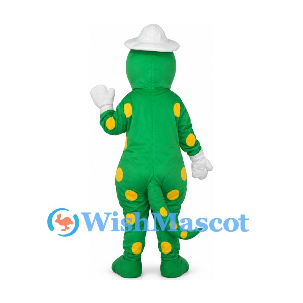 Dinosaur Mascot Costume in Green with Yellow Spots and White Hat