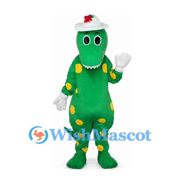 Dinosaur Mascot Costume in Green with Yellow Spots and White Hat
