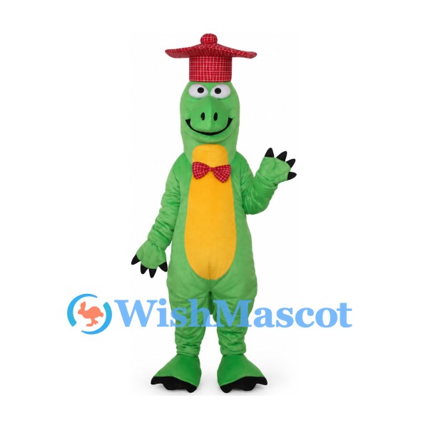 Dinosaur Graduate Mascot Costume with Red Mortarboard and Bow Tie