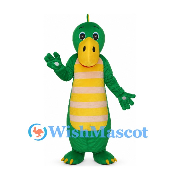 Dragon Mascot Costume in Green with Yellow Striped Belly