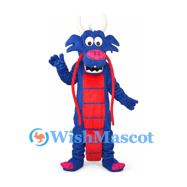 Dragon Mascot Costume in Blue with Red Belly and Long Whiskers