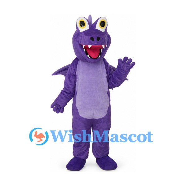 Dragon Mascot Costume in Purple with Gray Belly and Small Wings
