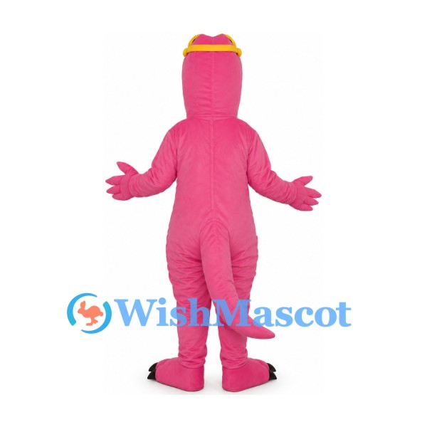 Dinosaur Mascot Costume in Pink with Yellow Belly and Sunglasses