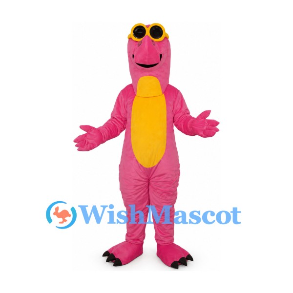 Dinosaur Mascot Costume in Pink with Yellow Belly and Sunglasses