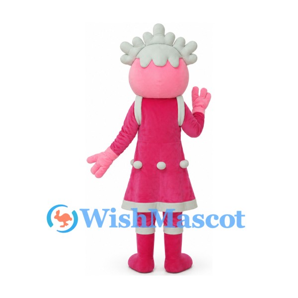 Doll Mascot Costume with Pink Dress and Pale Blue Curled Hair