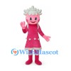 Doll Mascot Costume with Pink Dress and Pale Blue Curled Hair