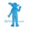 Blue Monster Mascot Costume with Branch Shaped Horns and Pink Bow