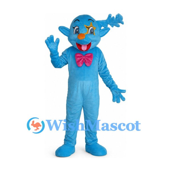 Blue Monster Mascot Costume with Branch Shaped Horns and Pink Bow