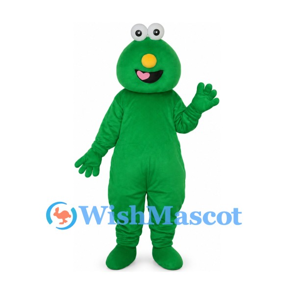 Green Monster Mascot Costume with Yellow Nose and Rounded Head
