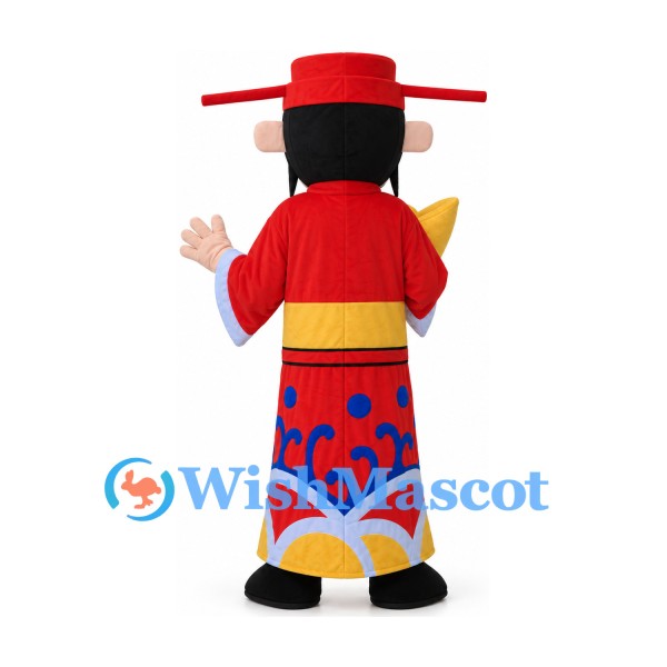 God of Wealth Mascot Costume with Red Robe and Gold Ingot