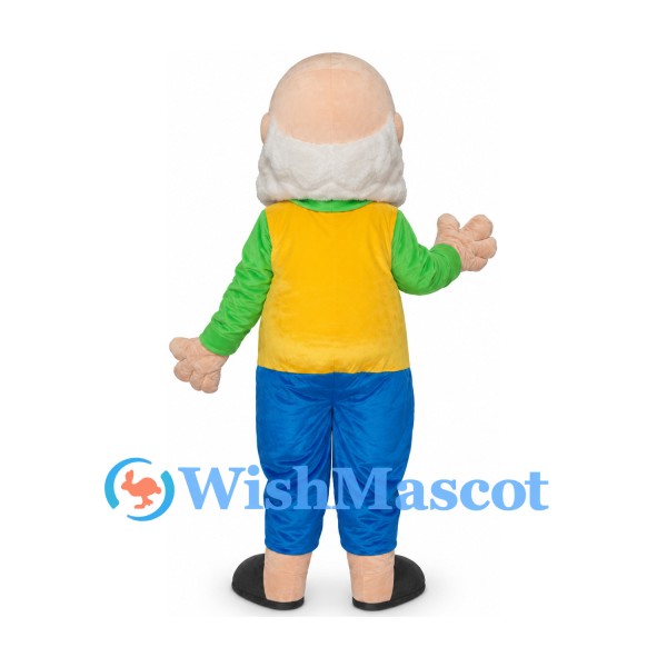 Grandfather Mascot Costume with Yellow Vest and Blue Pants