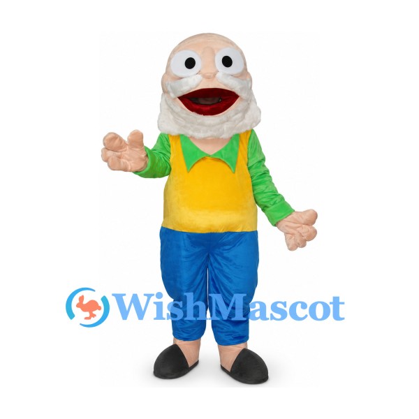 Grandfather Mascot Costume with Yellow Vest and Blue Pants