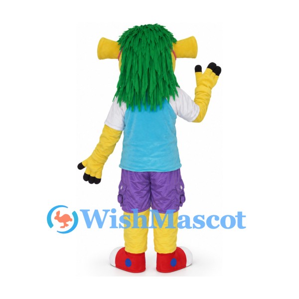 Monster Mascot Costume with Green Hair and Purple Shorts