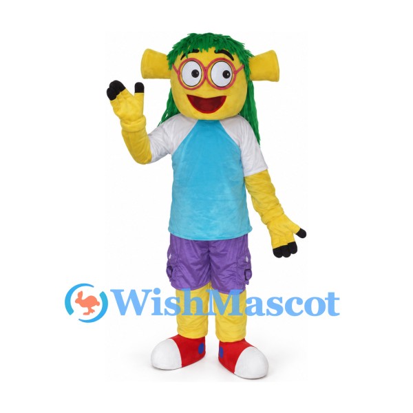 Monster Mascot Costume with Green Hair and Purple Shorts