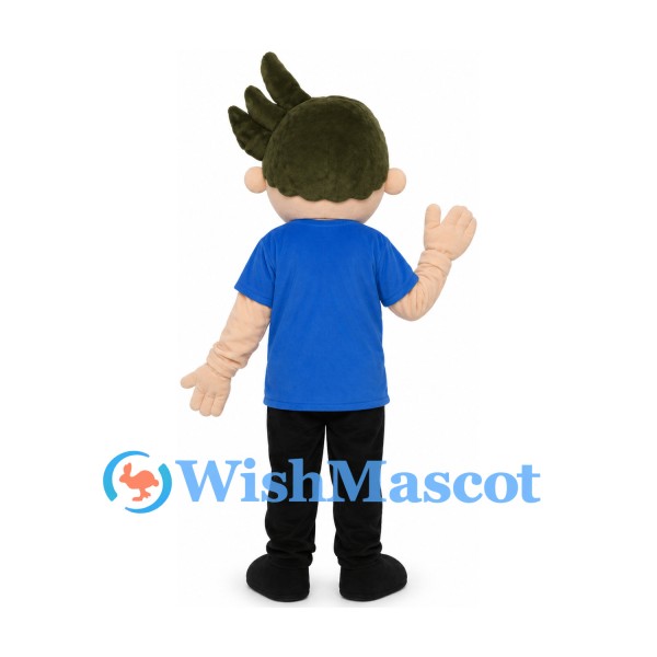 Boy Mascot Costume with Spiky Brown Hair and Blue Shirt